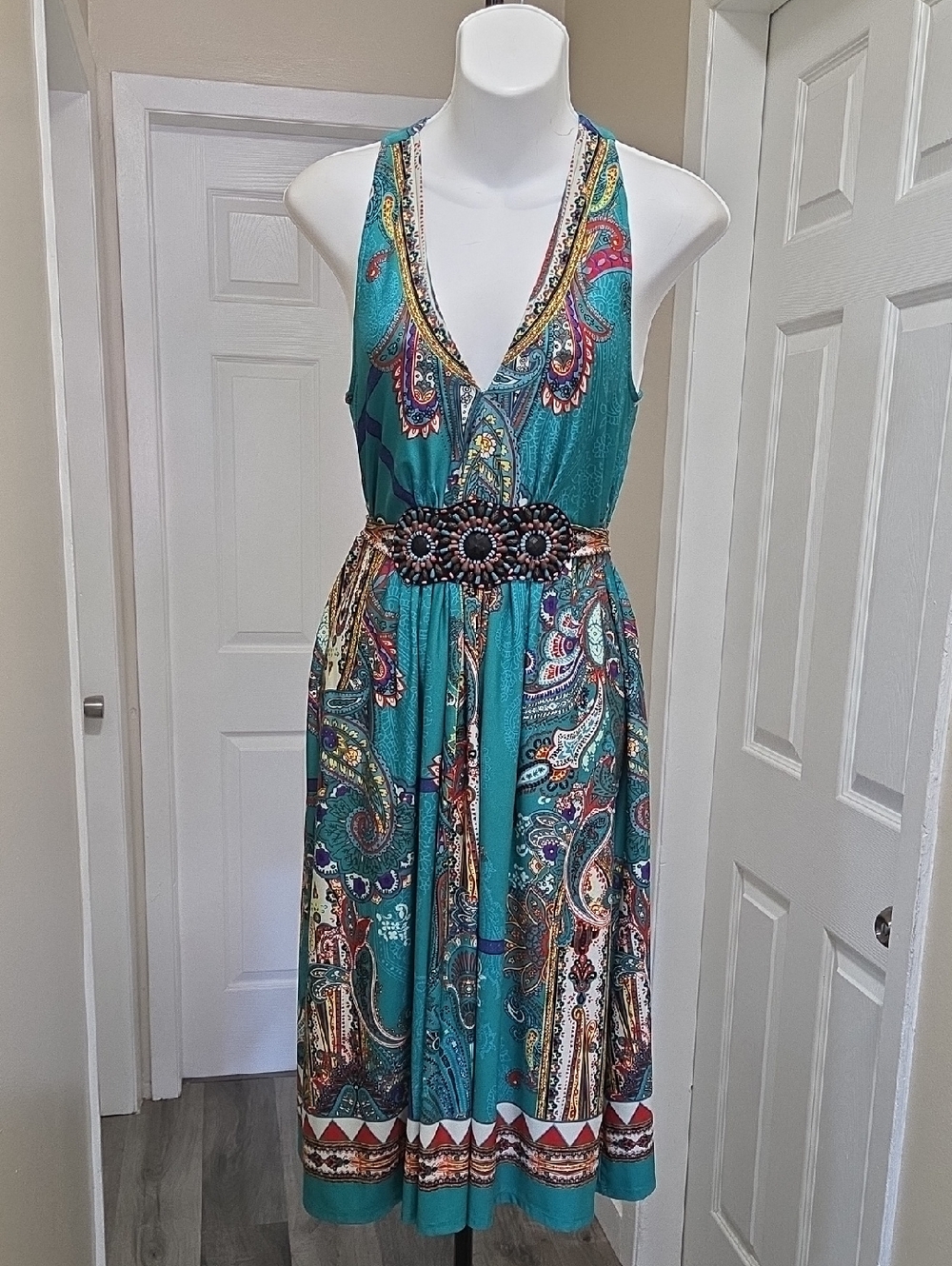 Laura Teal Paisley Beaded-Waist Maxi Dress